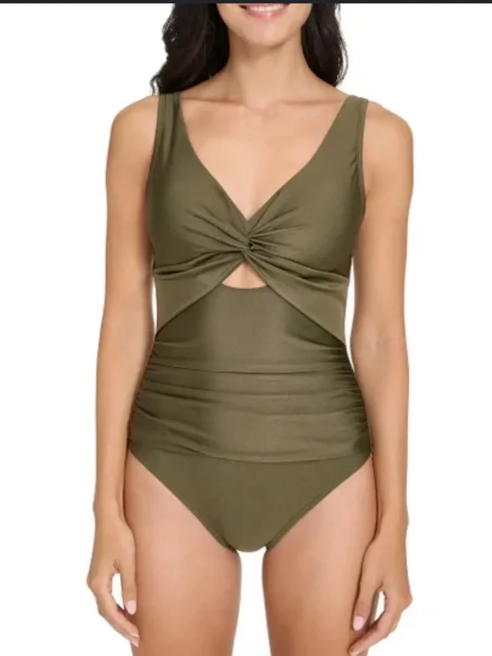 DKNY $96 One-Piece Swimsuit XL Olive Green Twist Front Cutout Tummy Control NWT - Picture 2 of 6